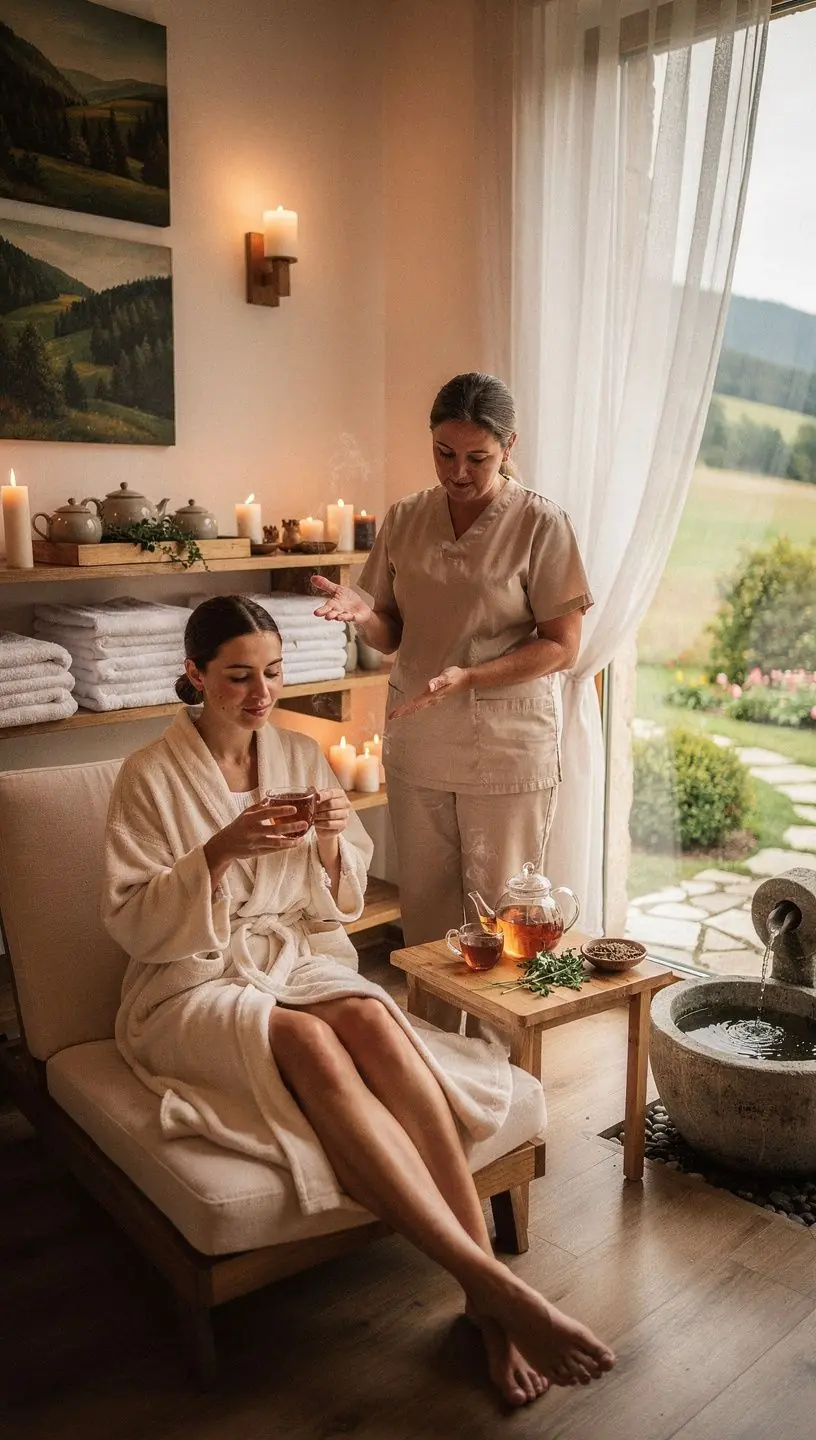 Zelené bylinky a kvety rozložené okolo čajovej kanvice