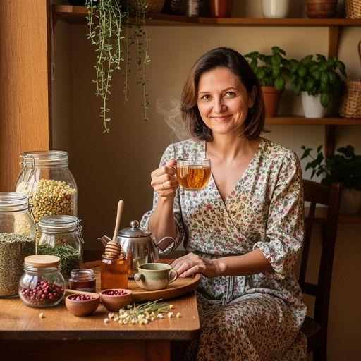 Usmievajúci sa človek vychutnávajúci si čaj v záhrade plnej kvetov.